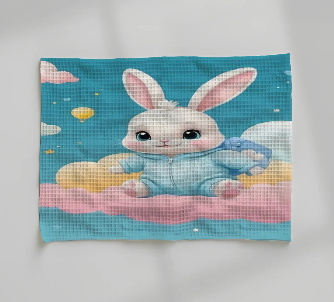 Cute cartoon rabbit in a blue outfit floating on clouds with tea towel by DesignDoodle