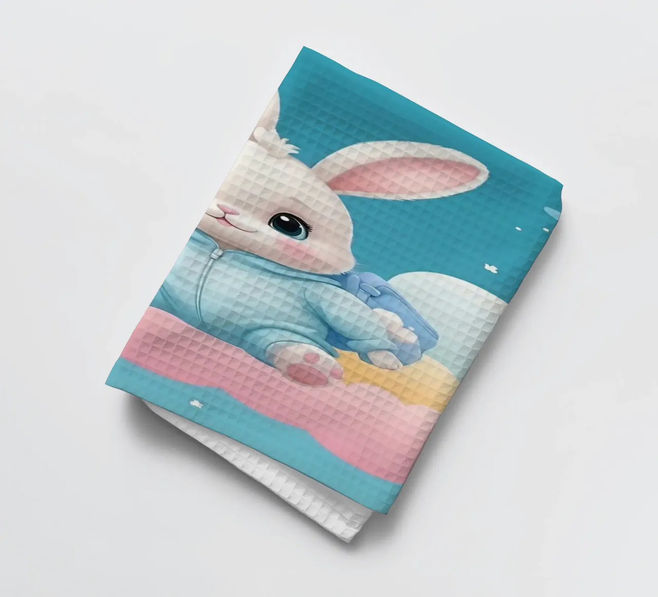 Cute cartoon rabbit in a blue outfit floating on clouds with tea towel by DesignDoodle