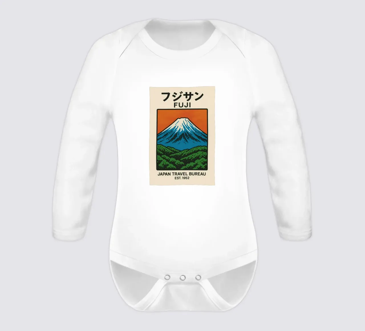 World Icons – Retro Travel Series - Fuji View long-sleeve baby romper by Studio Mooodz