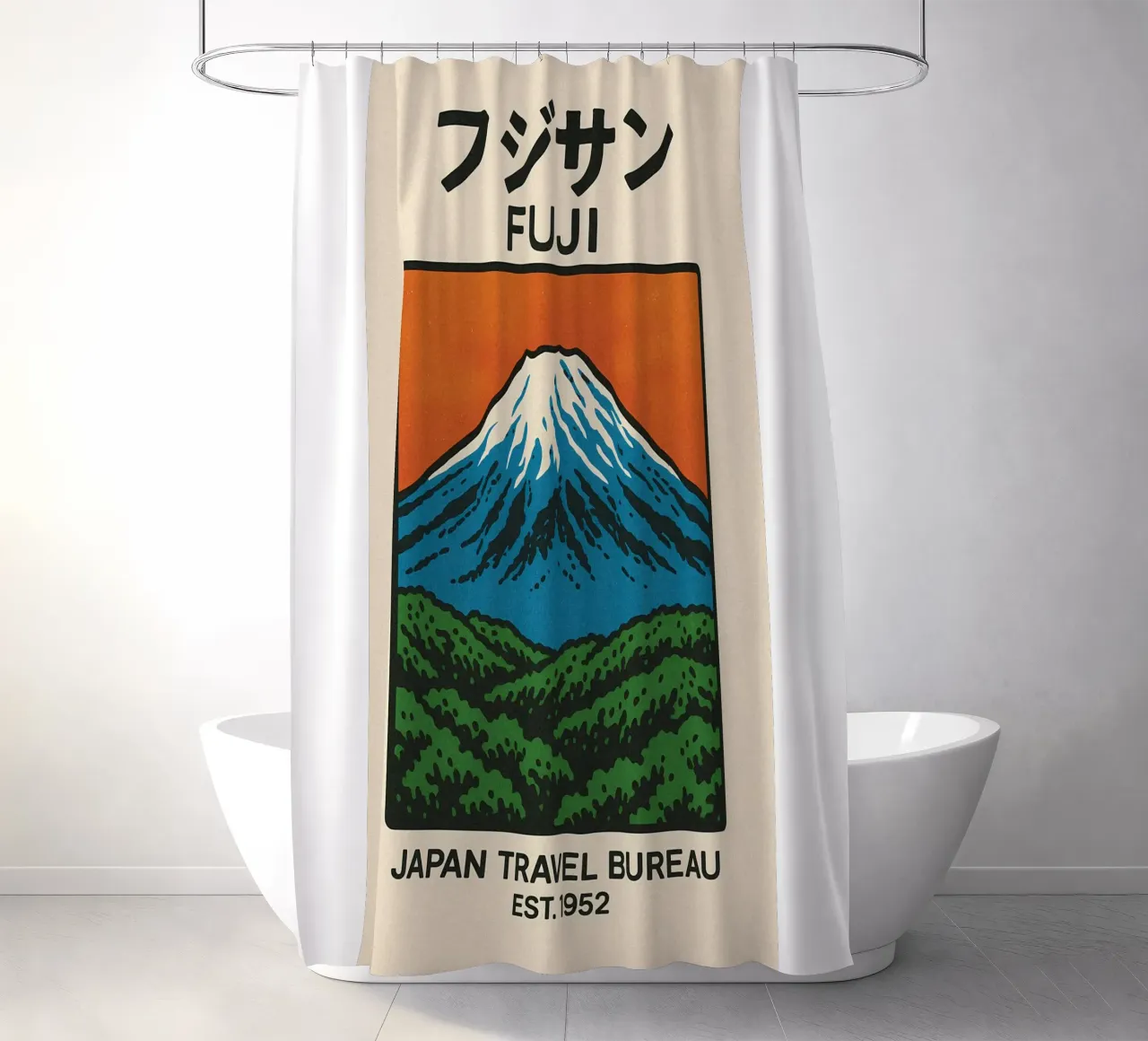 World Icons – Retro Travel Series - Fuji View shower curtain by Studio Mooodz