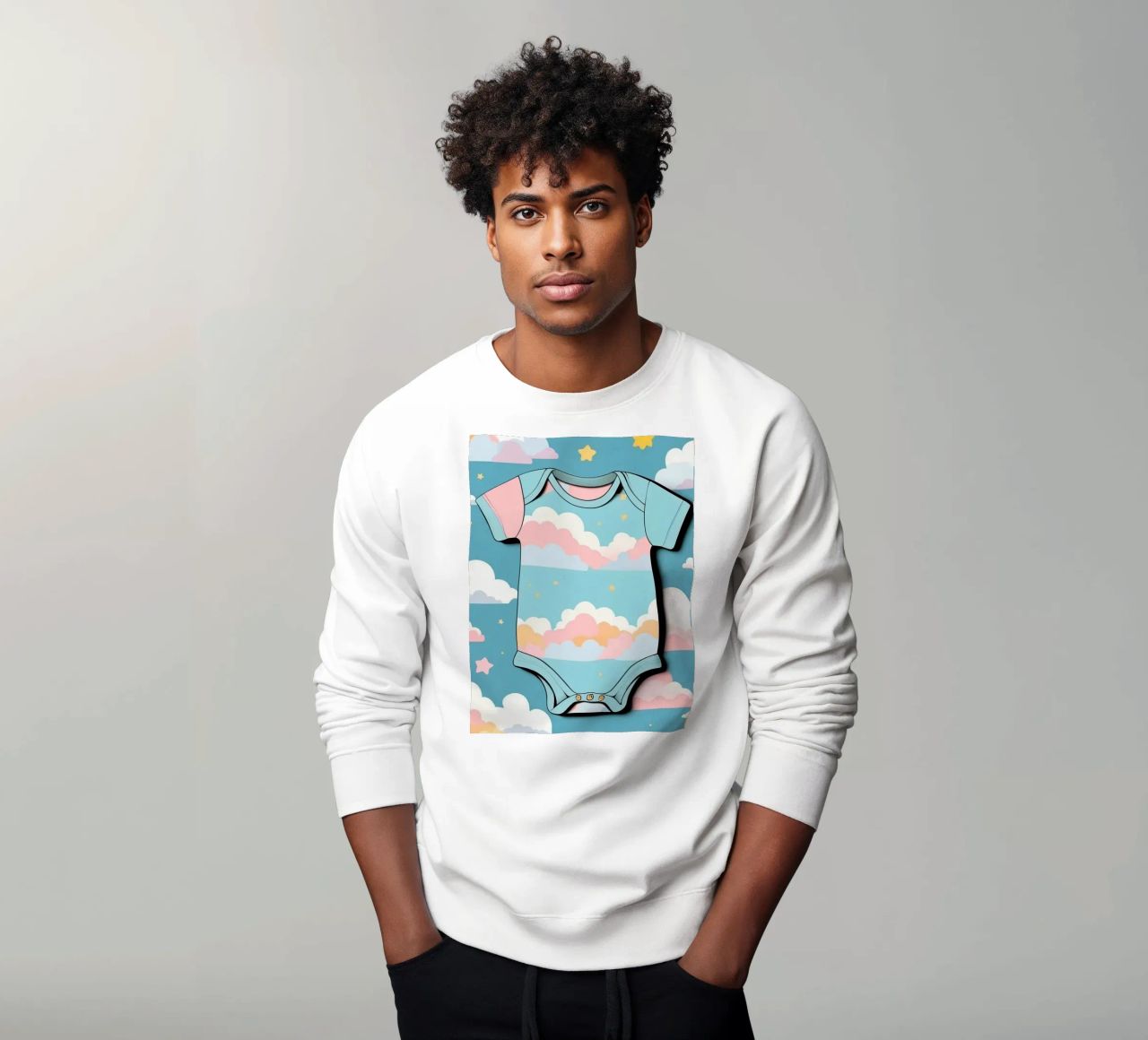 Grenouillère pour bébé avec motif de nuages en bleu, rose et jaune. sweat de DesignDoodle