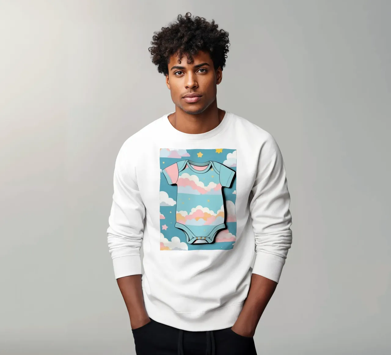 Baby-Strampler mit Wolkenmuster in blau, rosa und gelber Tonne Sweatshirt von DesignDoodle