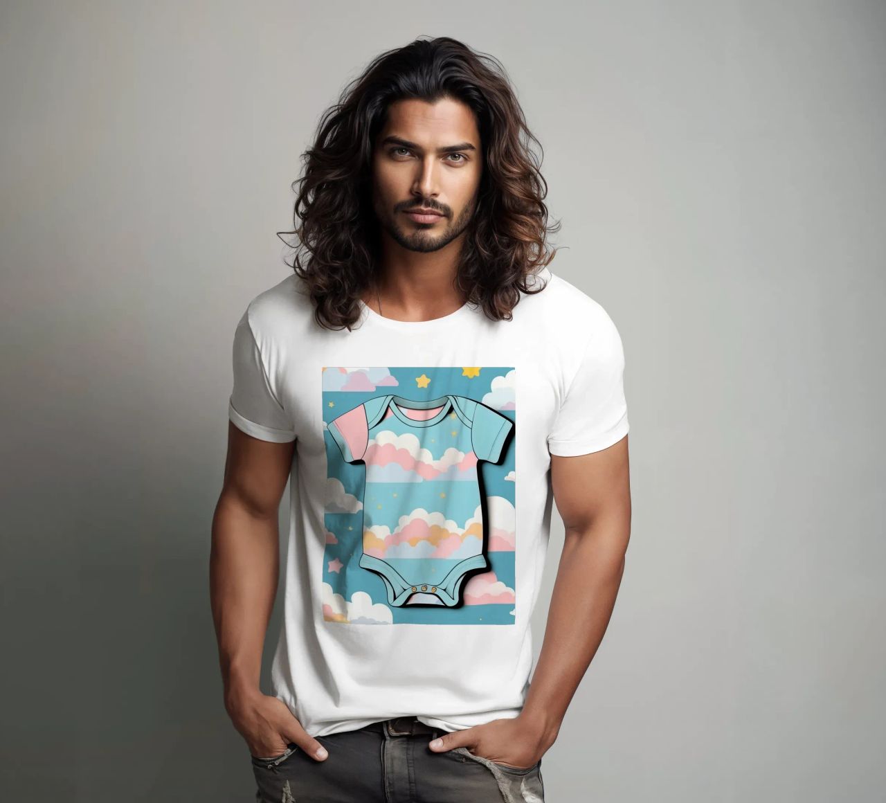 Grenouillère pour bébé avec motif de nuages en bleu, rose et jaune. t-shirt de DesignDoodle