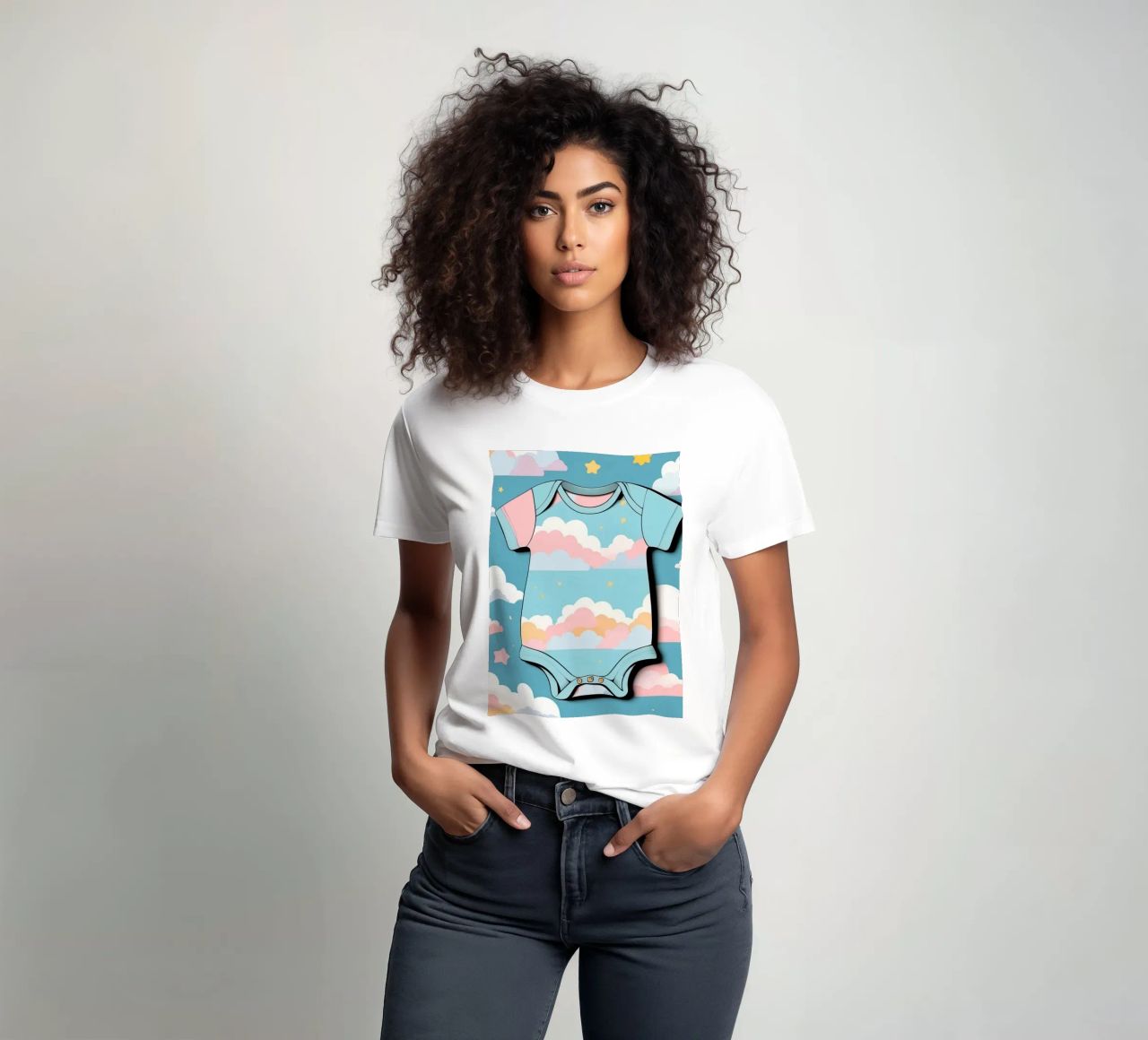 Grenouillère pour bébé avec motif de nuages en bleu, rose et jaune. t-shirt de DesignDoodle