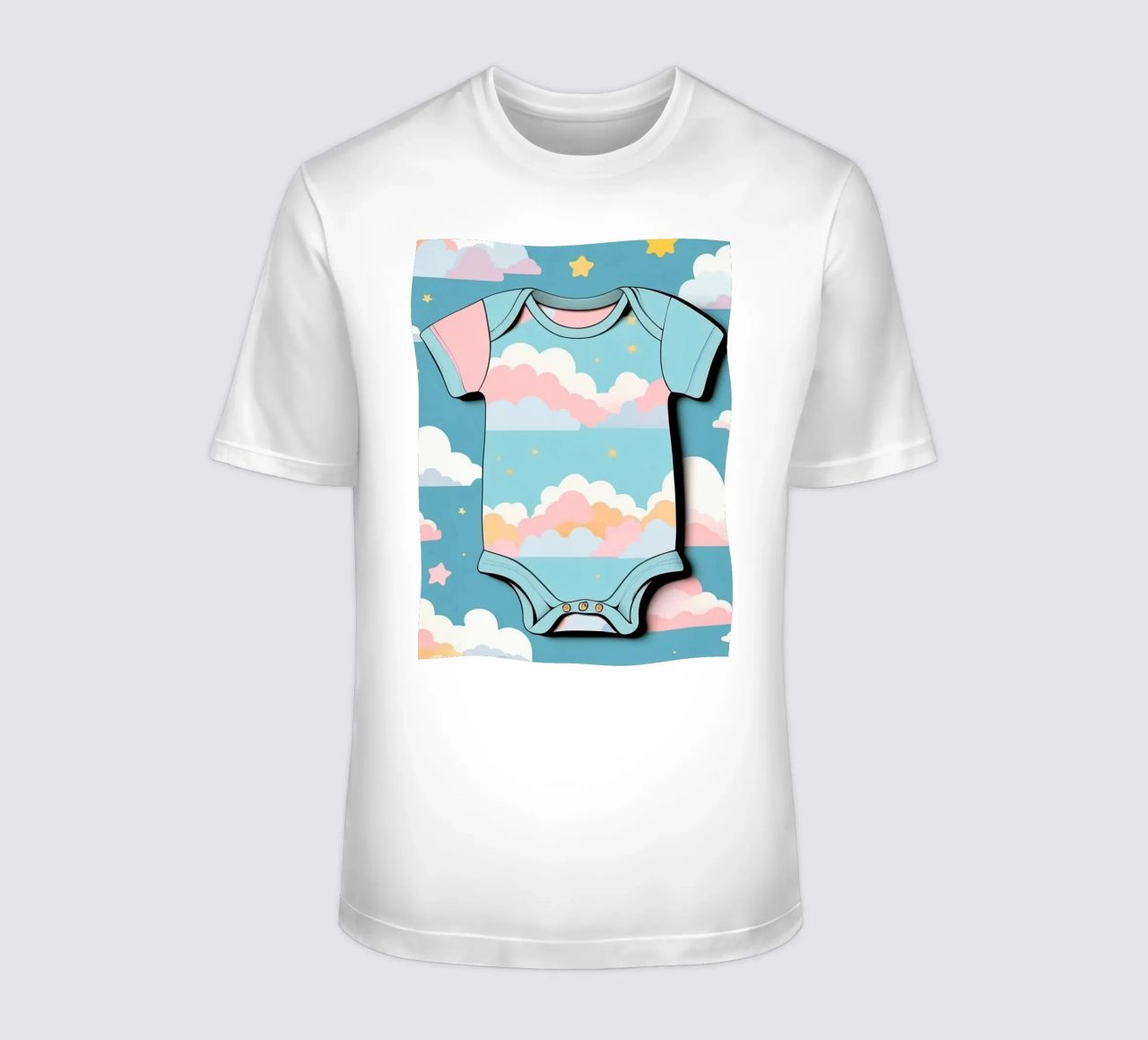 Grenouillère pour bébé avec motif de nuages en bleu, rose et jaune. t-shirt de DesignDoodle