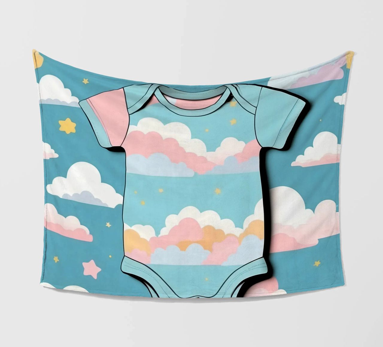 Grenouillère pour bébé avec motif de nuages en bleu, rose et jaune. plaid polaire de DesignDoodle