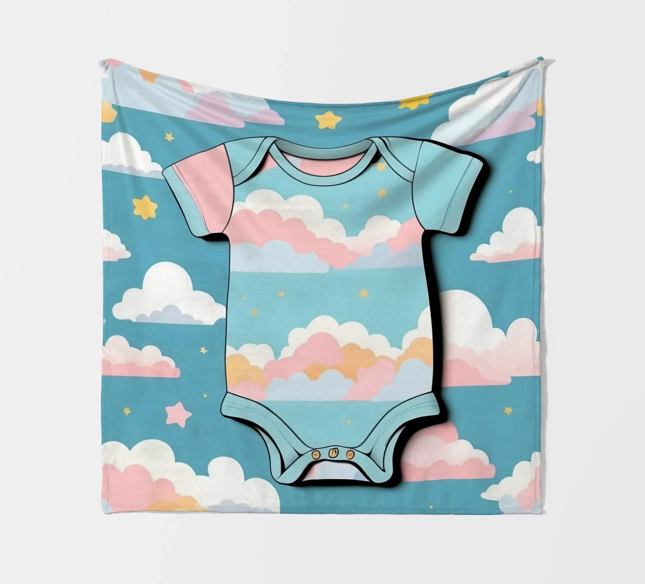 Grenouillère pour bébé avec motif de nuages en bleu, rose et jaune. plaid polaire de DesignDoodle