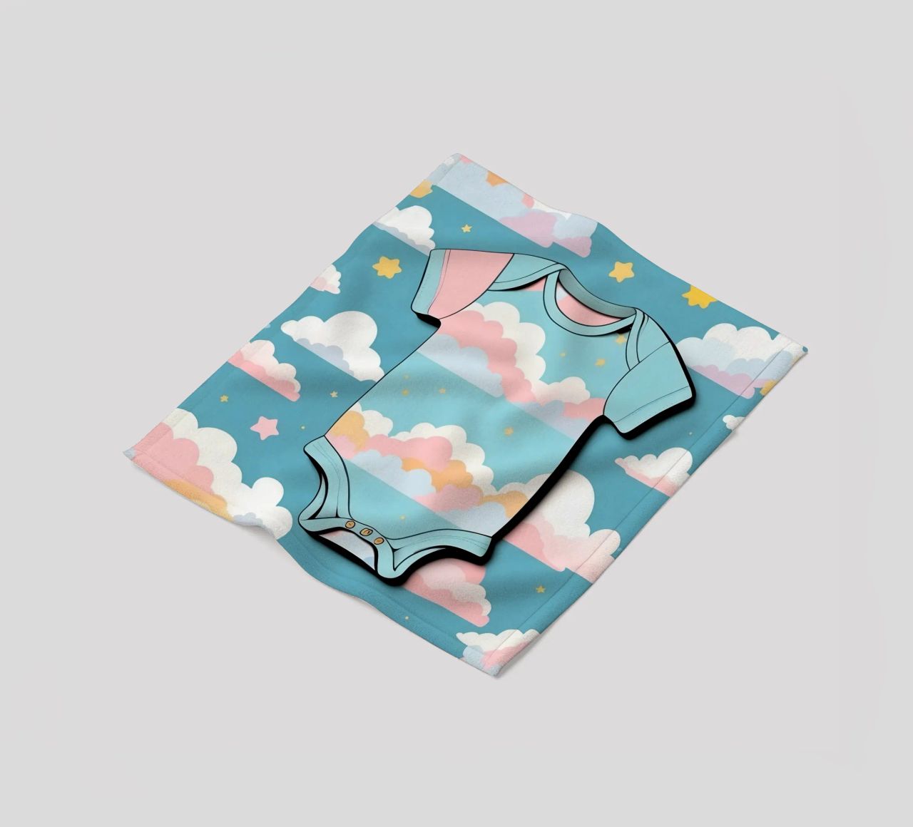 Grenouillère pour bébé avec motif de nuages en bleu, rose et jaune. plaid polaire de DesignDoodle