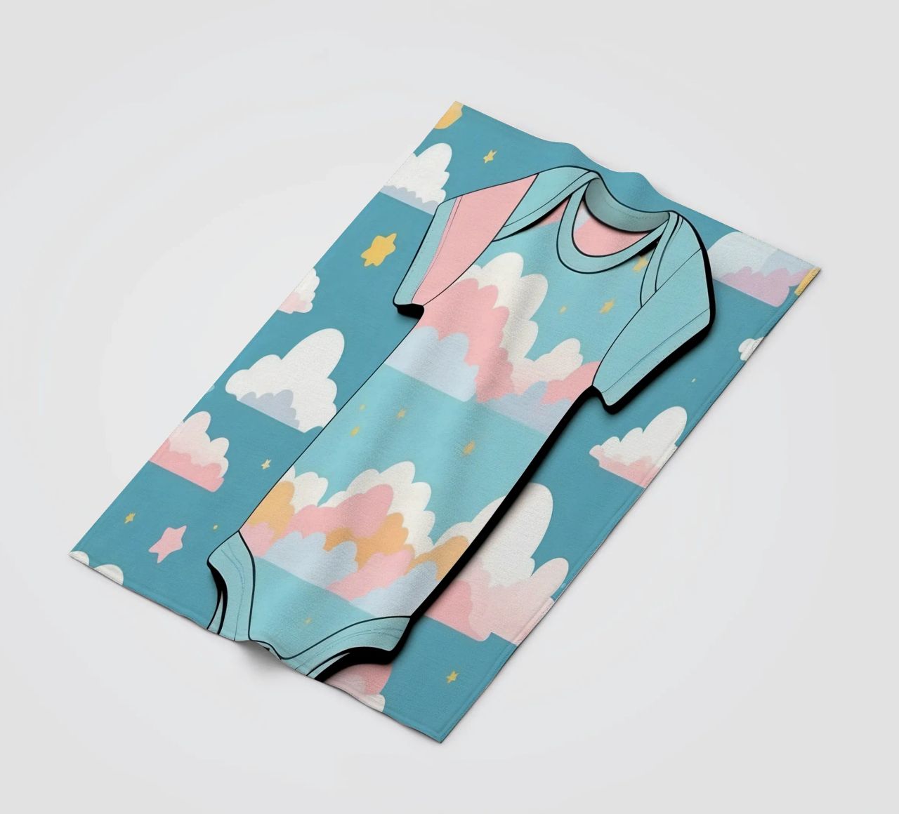 Grenouillère pour bébé avec motif de nuages en bleu, rose et jaune. plaid polaire de DesignDoodle