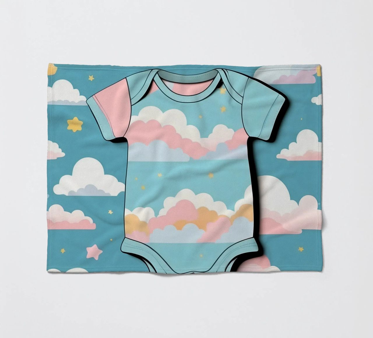 Grenouillère pour bébé avec motif de nuages en bleu, rose et jaune. plaid polaire de DesignDoodle