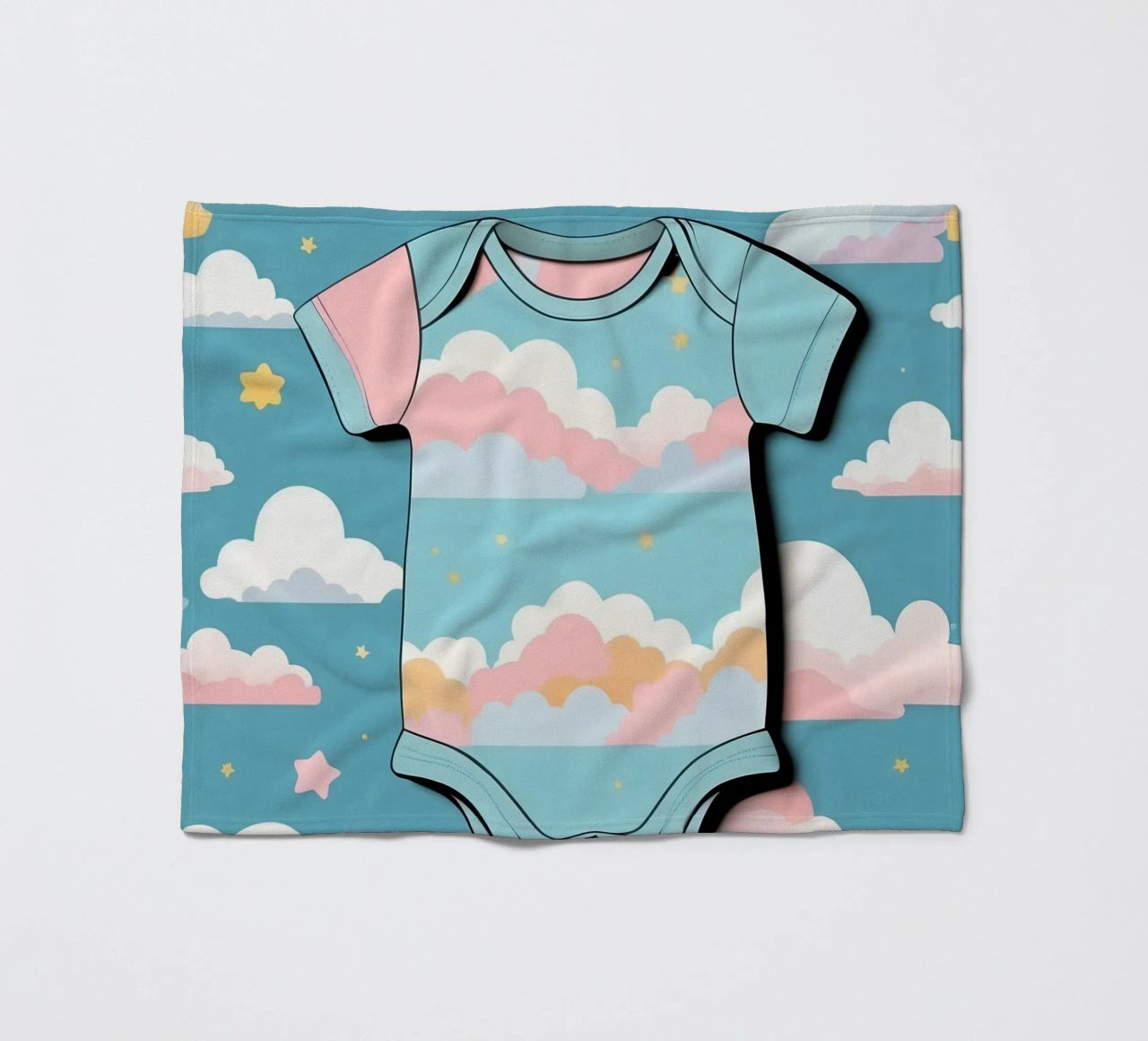 Grenouillère pour bébé avec motif de nuages en bleu, rose et jaune. plaid polaire de DesignDoodle
