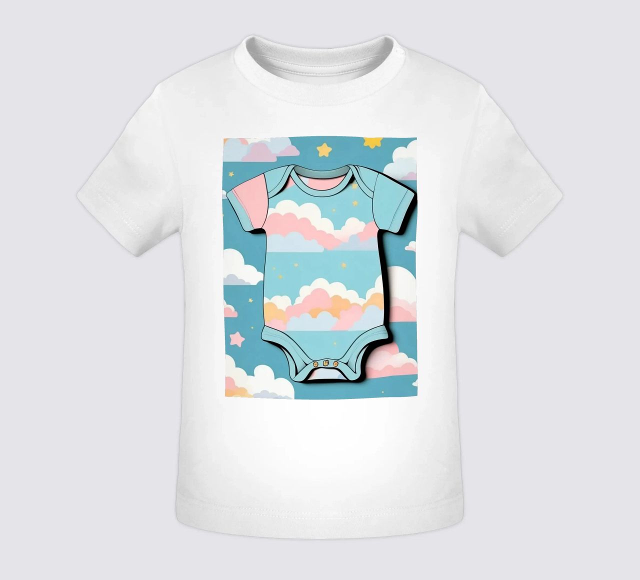 Tutina per neonato con motivo a nuvole nei colori blu, rosa e giallo ton. maglietta neonato da DesignDoodle
