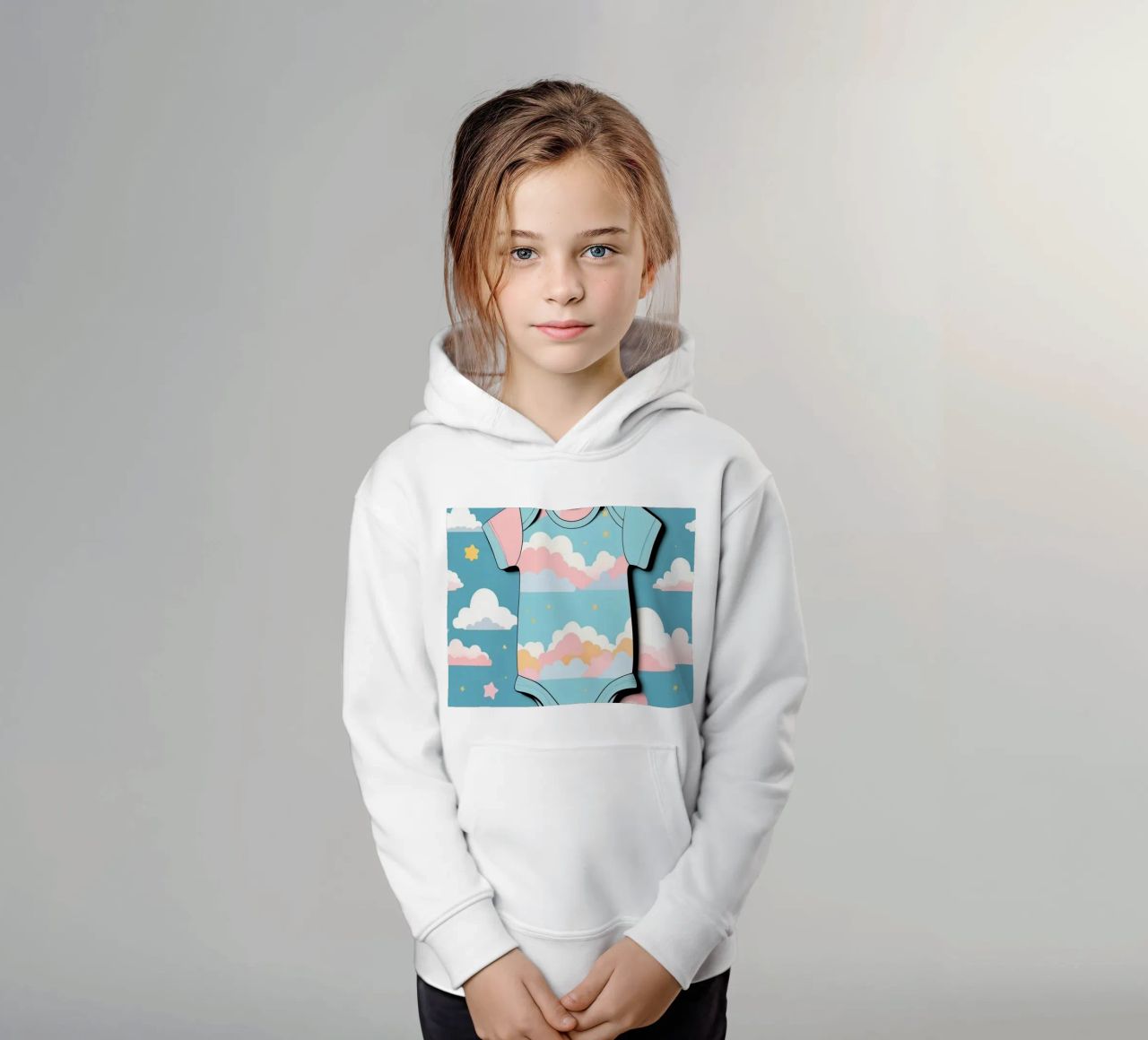 Grenouillère pour bébé avec motif de nuages en bleu, rose et jaune. sweat à capuche enfant de DesignDoodle