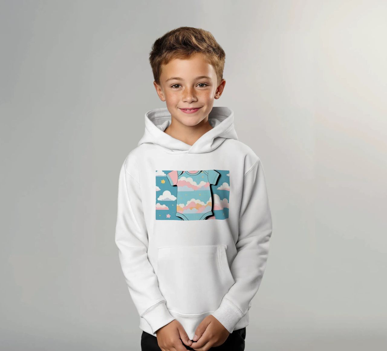 Grenouillère pour bébé avec motif de nuages en bleu, rose et jaune. sweat à capuche enfant de DesignDoodle