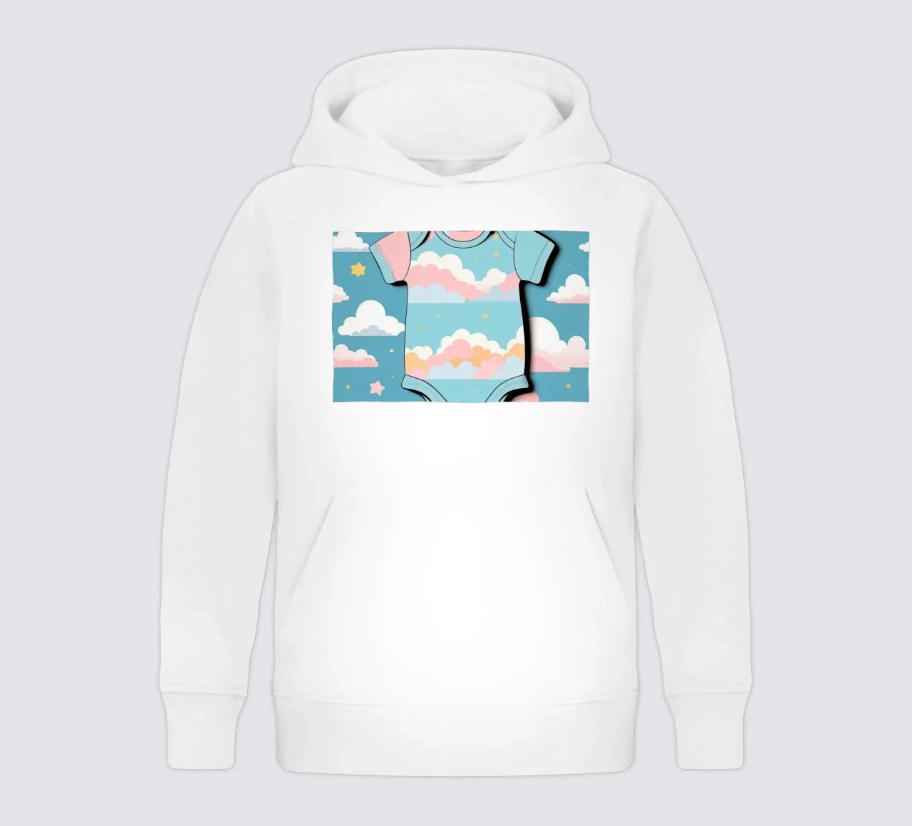 Grenouillère pour bébé avec motif de nuages en bleu, rose et jaune. sweat à capuche enfant de DesignDoodle