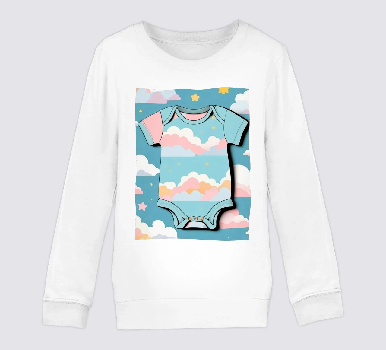 Grenouillère pour bébé avec motif de nuages en bleu, rose et jaune. sweat enfant de DesignDoodle