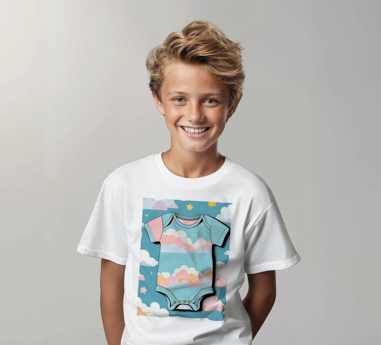 Grenouillère pour bébé avec motif de nuages en bleu, rose et jaune. t-shirt enfant de DesignDoodle