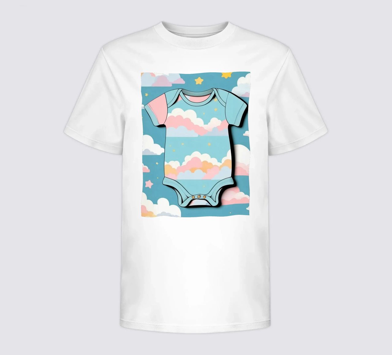 Grenouillère pour bébé avec motif de nuages en bleu, rose et jaune. t-shirt enfant de DesignDoodle