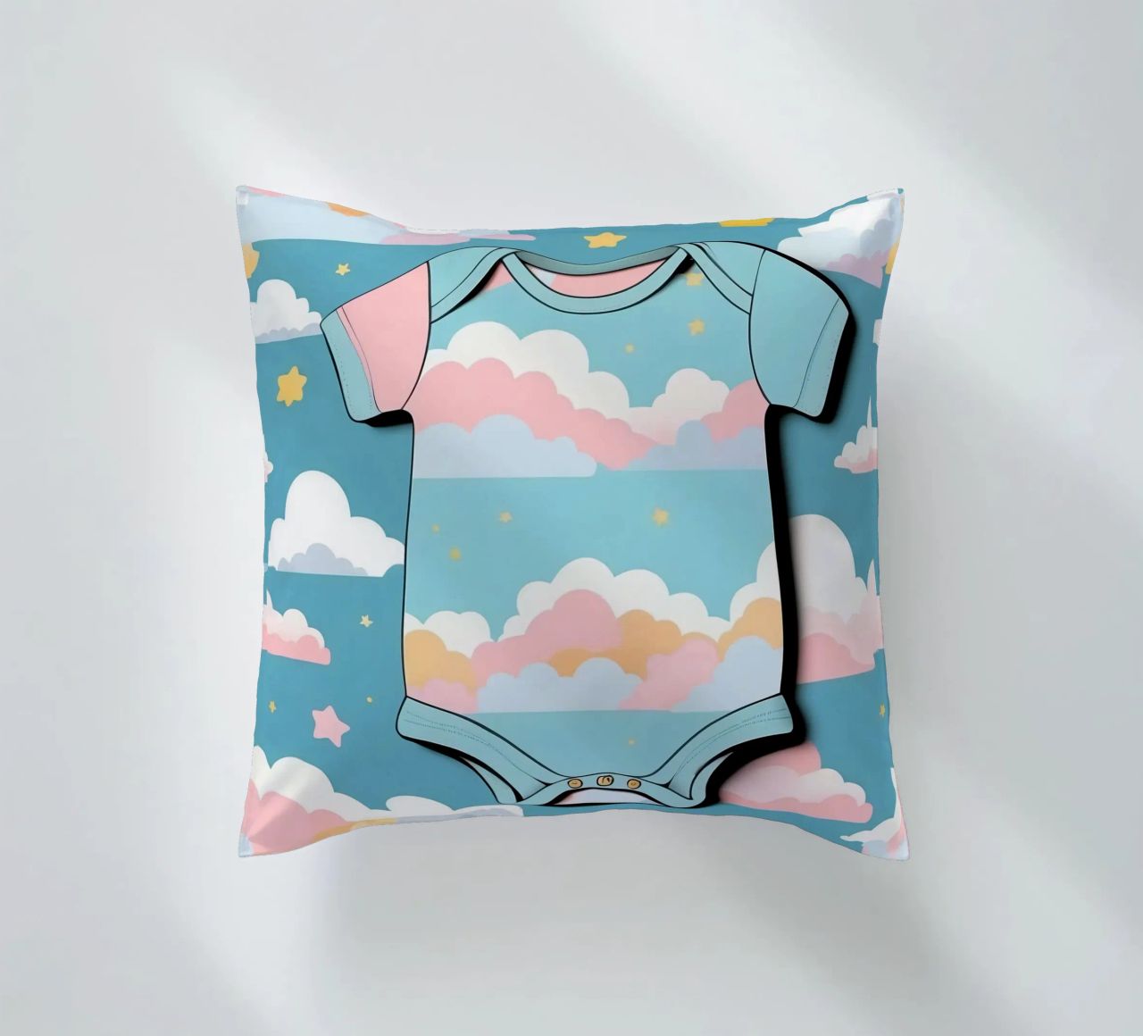 Grenouillère pour bébé avec motif de nuages en bleu, rose et jaune. coussin de DesignDoodle