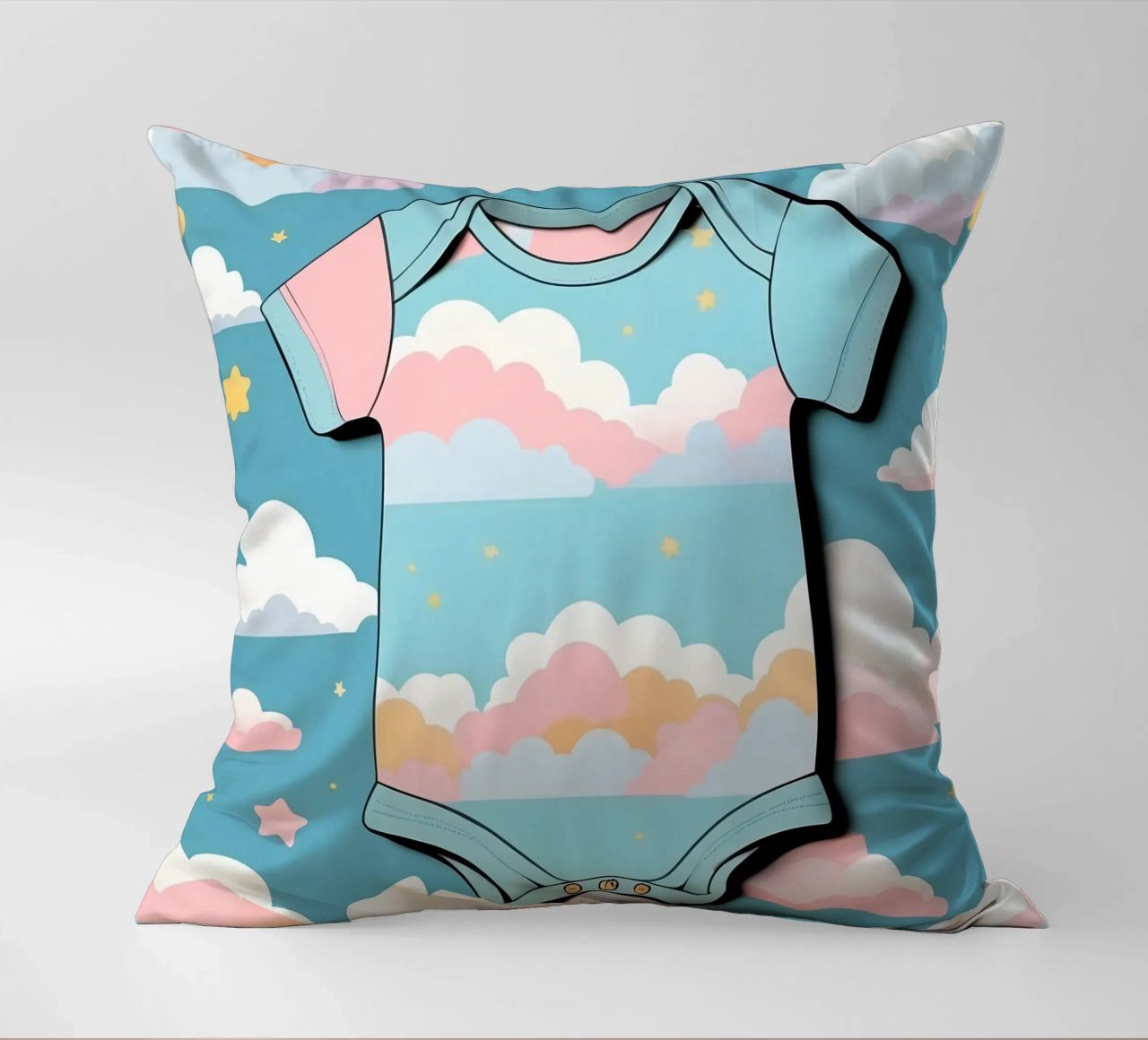 Grenouillère pour bébé avec motif de nuages en bleu, rose et jaune. coussin de DesignDoodle