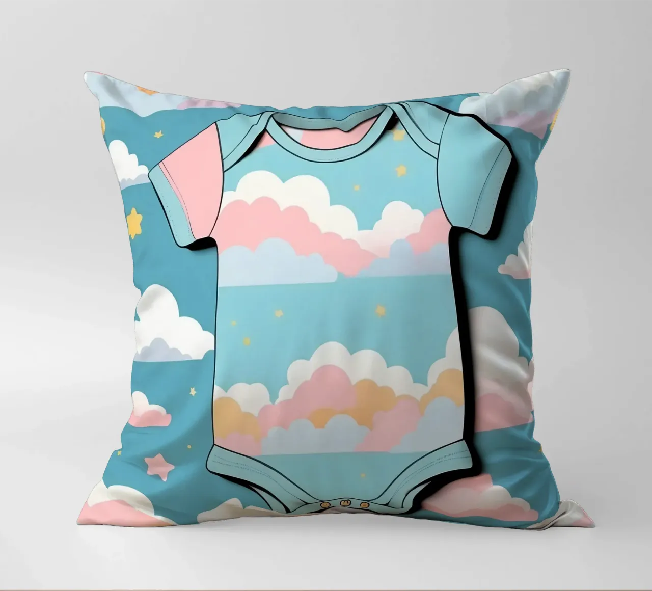 Tutina per neonato con motivo a nuvole nei colori blu, rosa e giallo ton. cuscino da DesignDoodle