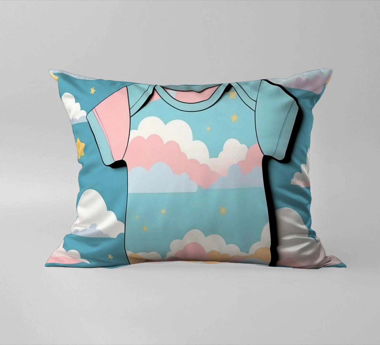 Grenouillère pour bébé avec motif de nuages en bleu, rose et jaune. coussin de DesignDoodle