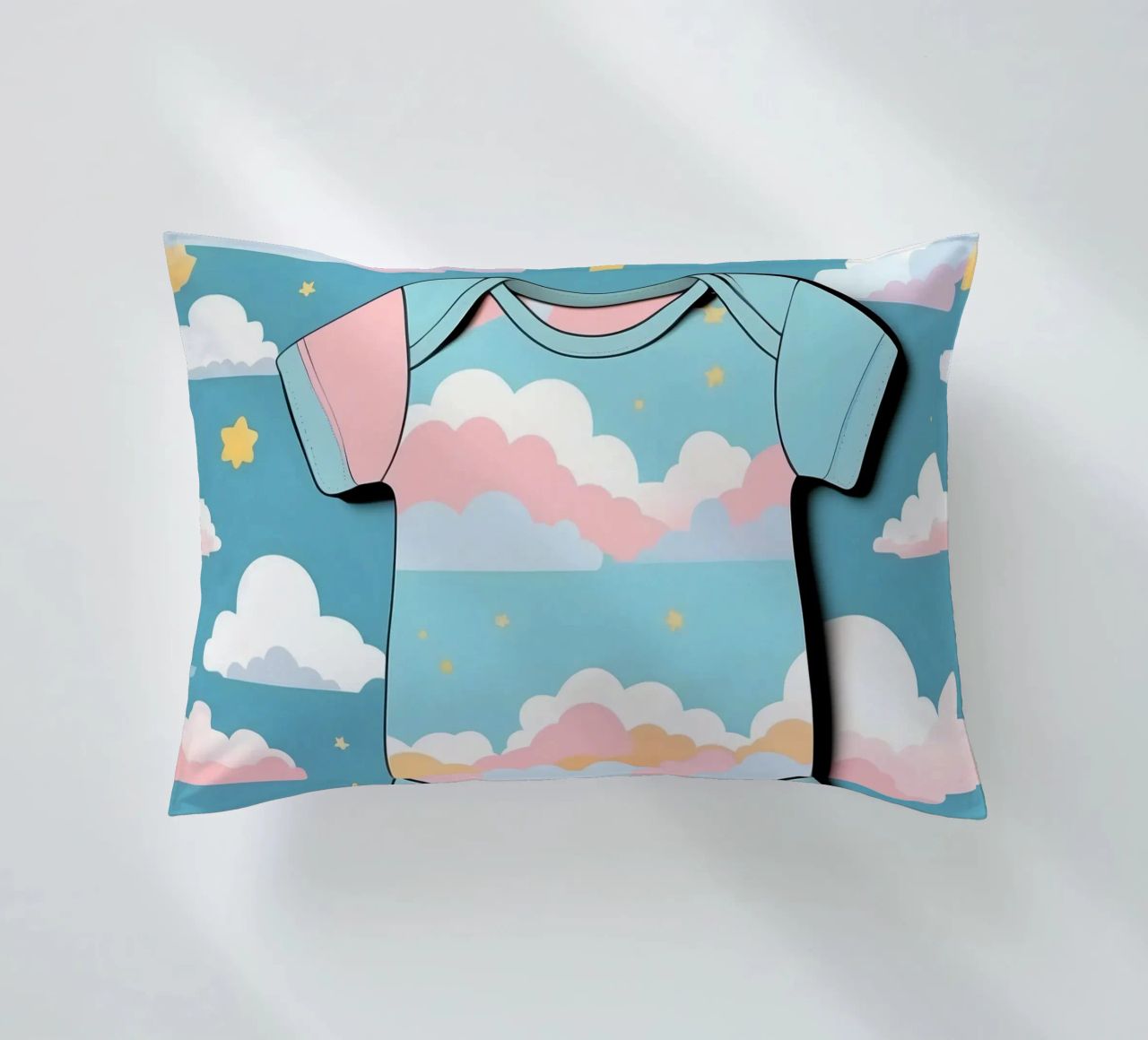 Grenouillère pour bébé avec motif de nuages en bleu, rose et jaune. coussin de DesignDoodle