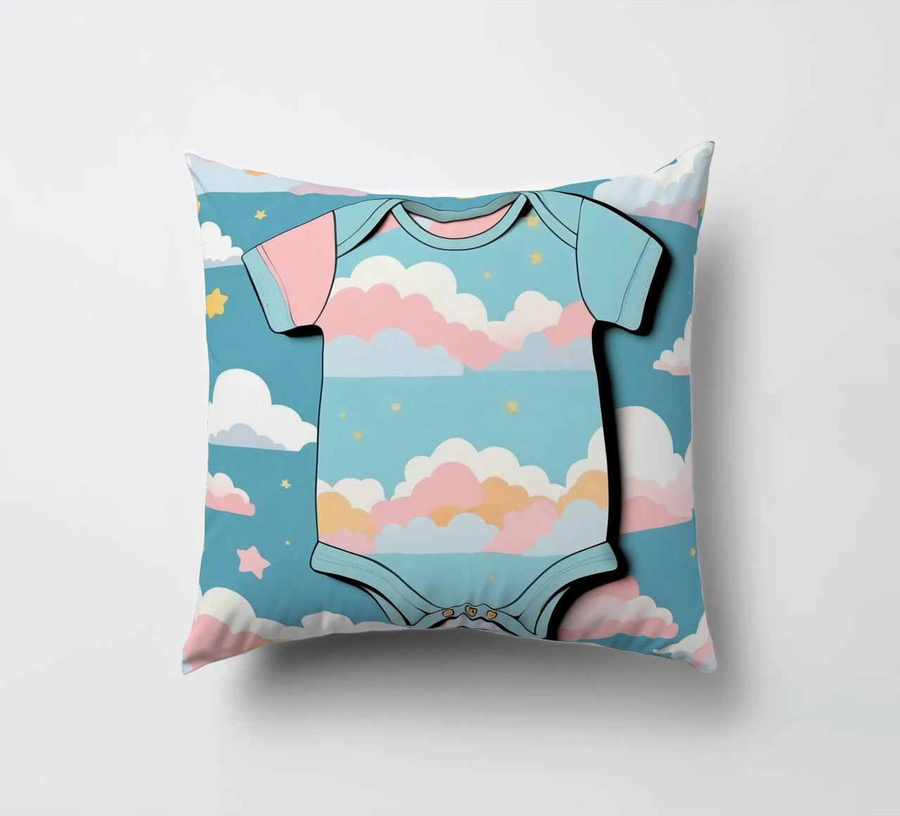 Grenouillère pour bébé avec motif de nuages en bleu, rose et jaune. coussin de DesignDoodle