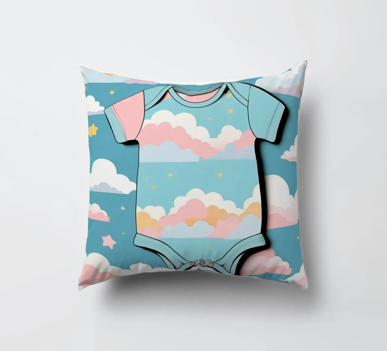 Tutina per neonato con motivo a nuvole nei colori blu, rosa e giallo ton. cuscino da DesignDoodle