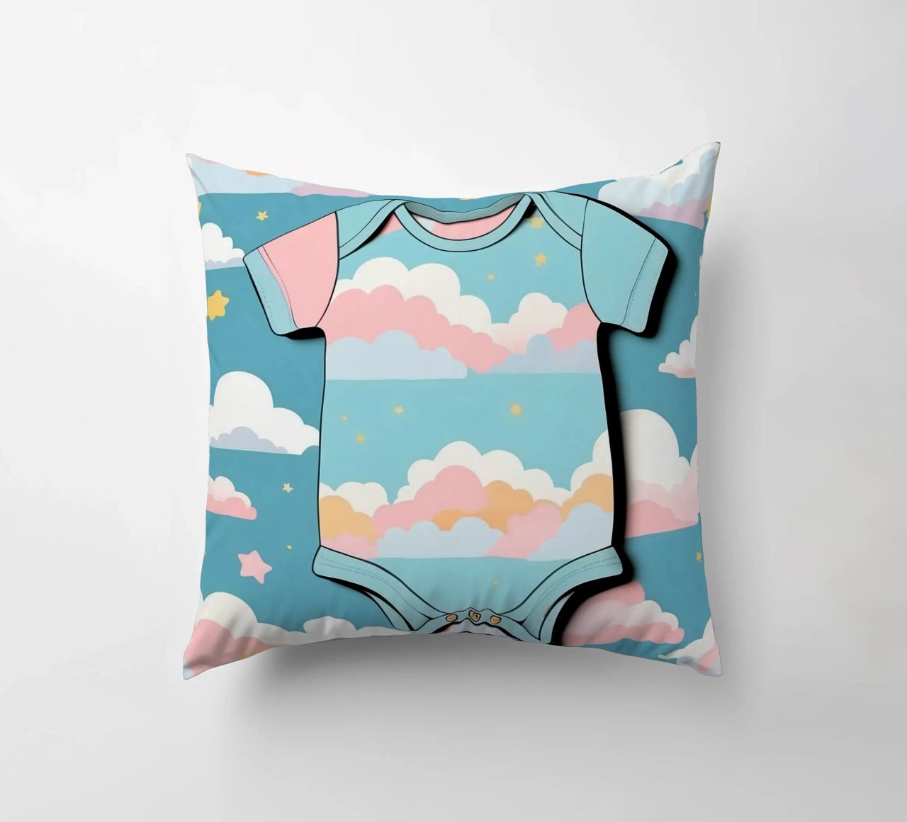 Grenouillère pour bébé avec motif de nuages en bleu, rose et jaune. coussin de DesignDoodle