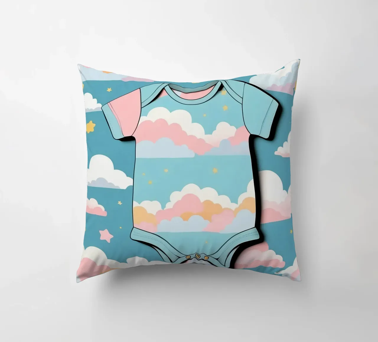 Tutina per neonato con motivo a nuvole nei colori blu, rosa e giallo ton. cuscino da DesignDoodle