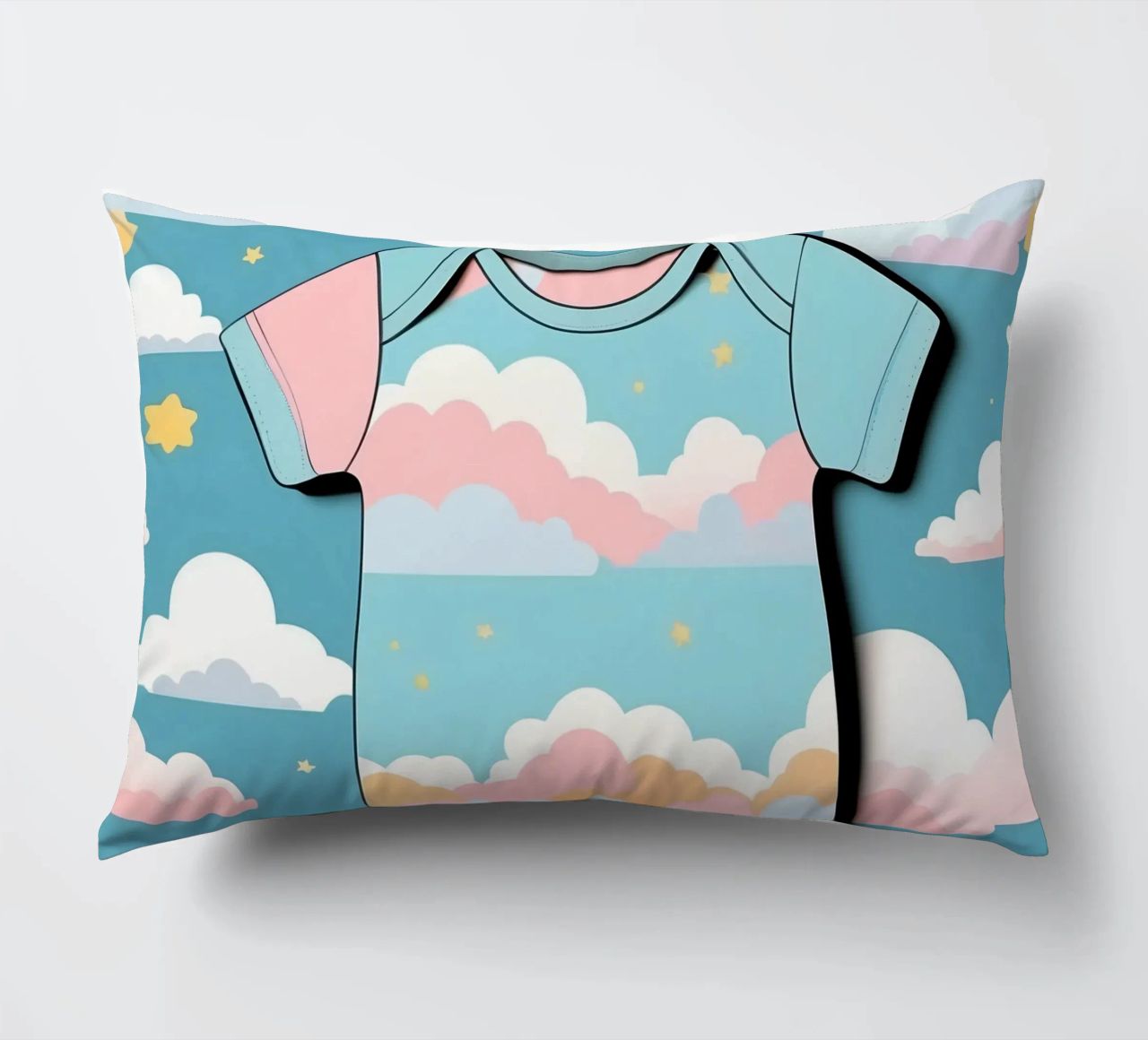 Grenouillère pour bébé avec motif de nuages en bleu, rose et jaune. coussin de DesignDoodle