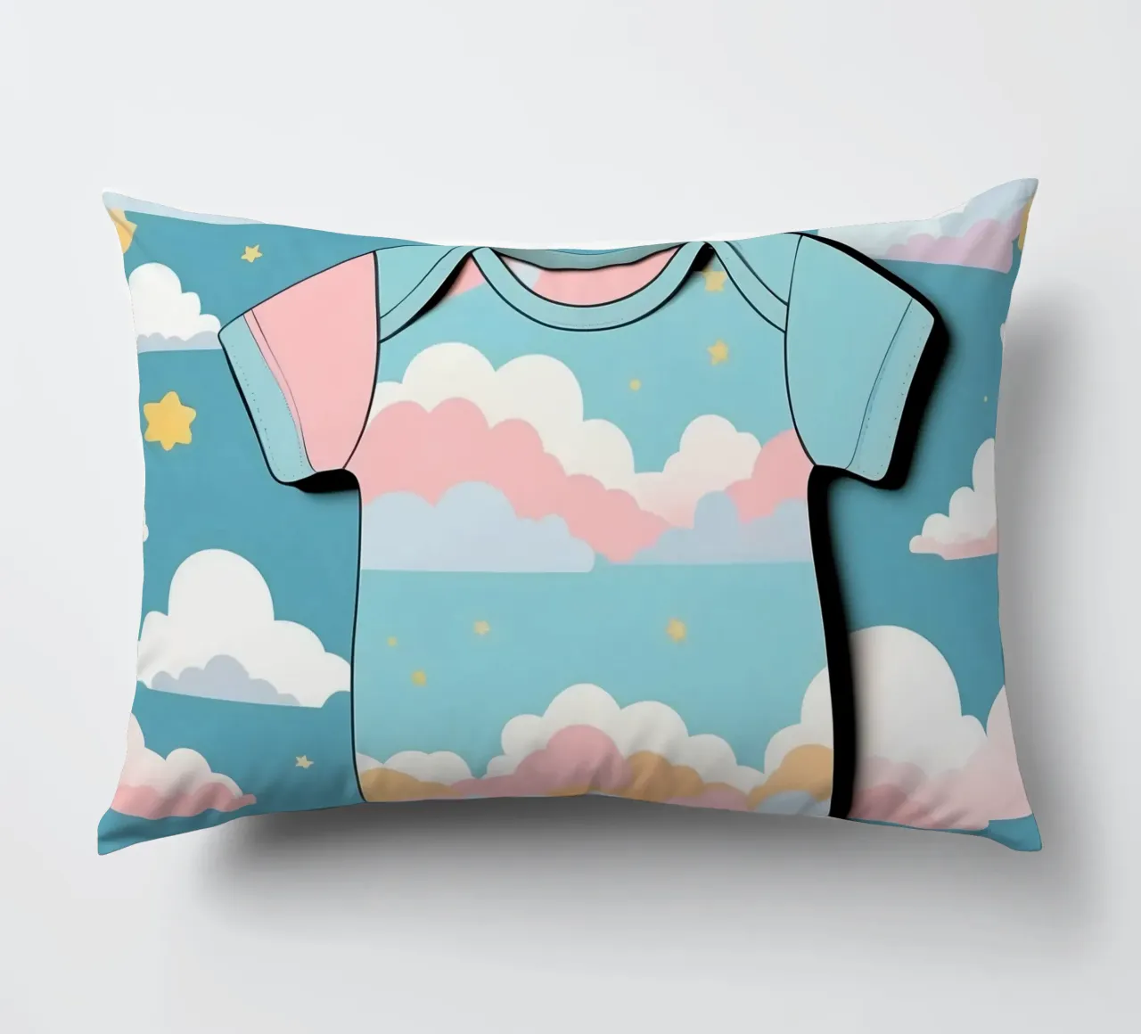 Tutina per neonato con motivo a nuvole nei colori blu, rosa e giallo ton. cuscino da DesignDoodle