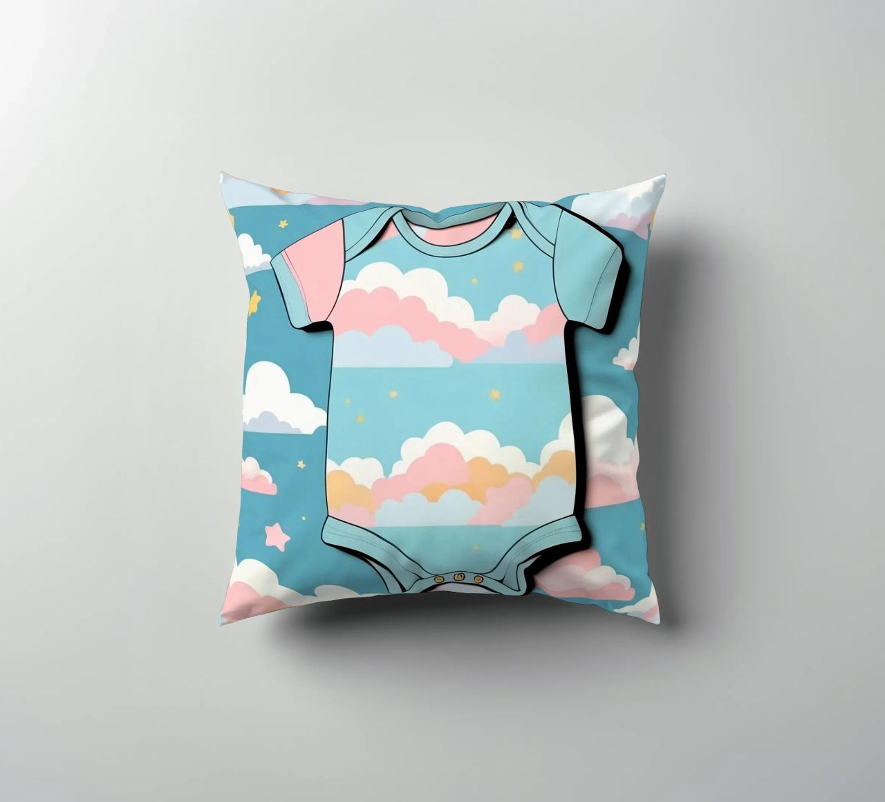 Grenouillère pour bébé avec motif de nuages en bleu, rose et jaune. coussin de DesignDoodle