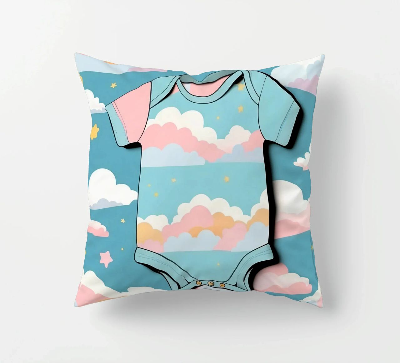 Grenouillère pour bébé avec motif de nuages en bleu, rose et jaune. coussin de DesignDoodle