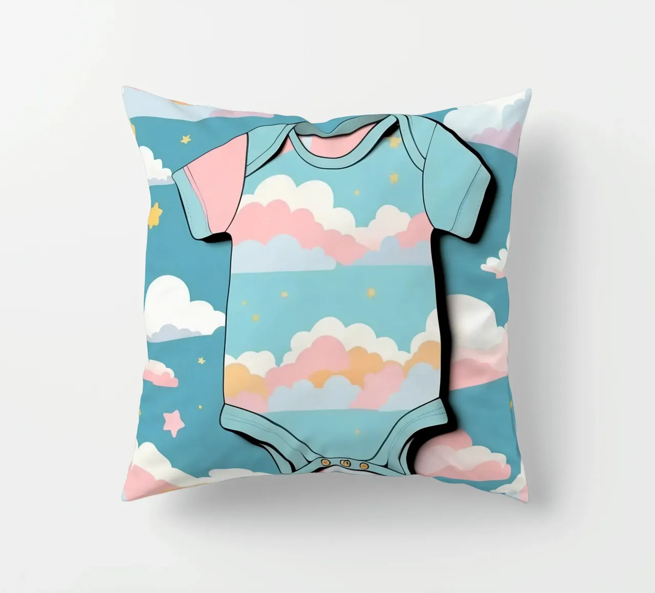 Tutina per neonato con motivo a nuvole nei colori blu, rosa e giallo ton. cuscino da DesignDoodle
