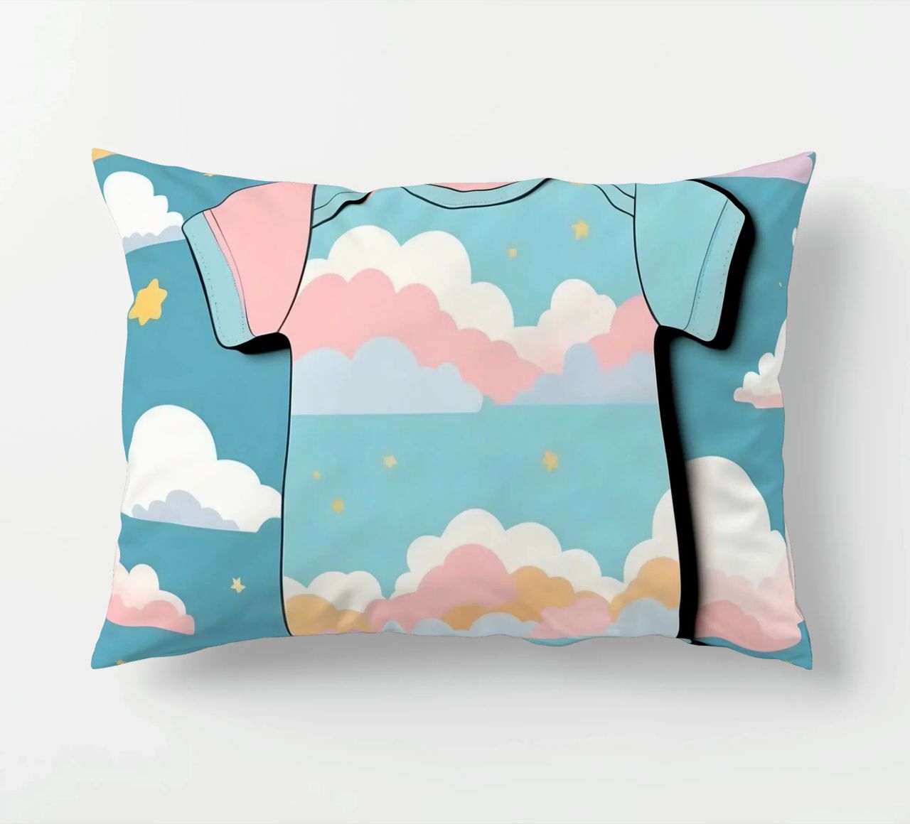 Grenouillère pour bébé avec motif de nuages en bleu, rose et jaune. coussin de DesignDoodle