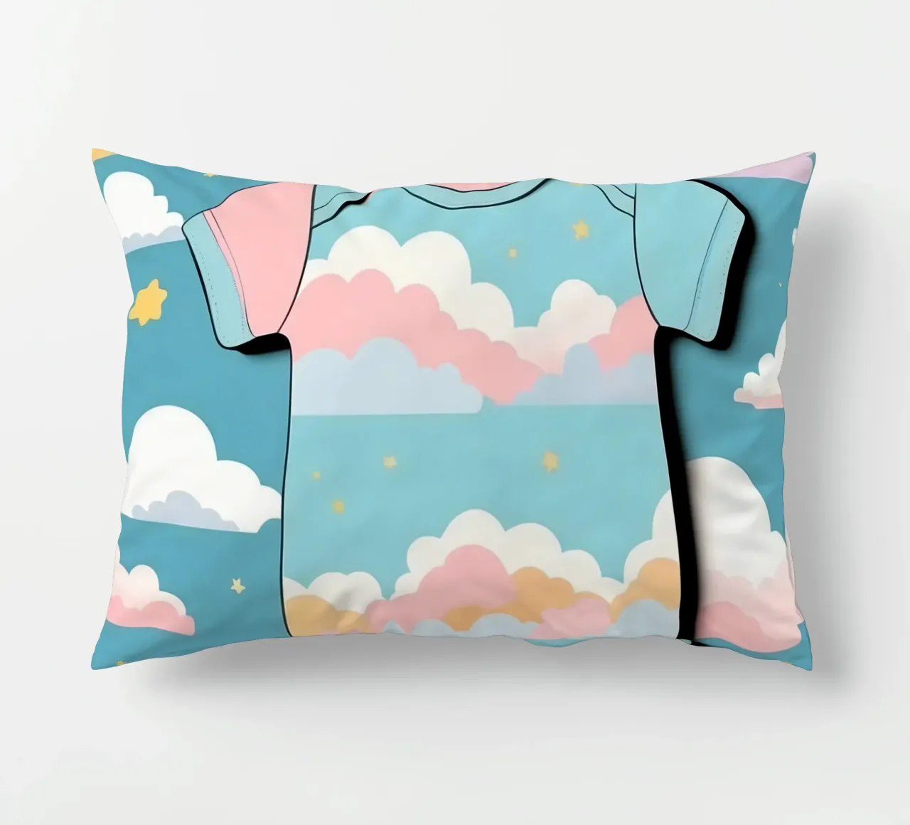 Tutina per neonato con motivo a nuvole nei colori blu, rosa e giallo ton. cuscino da DesignDoodle