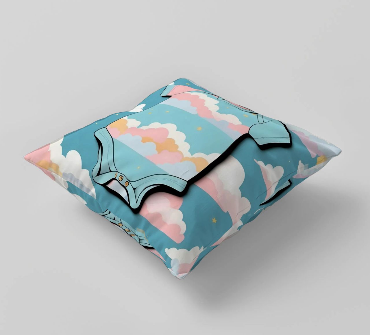 Grenouillère pour bébé avec motif de nuages en bleu, rose et jaune. coussin de DesignDoodle
