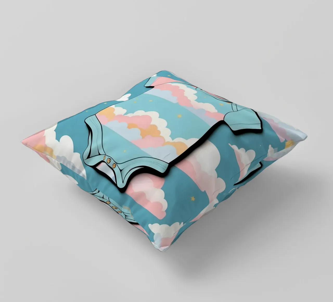 Tutina per neonato con motivo a nuvole nei colori blu, rosa e giallo ton. cuscino da DesignDoodle