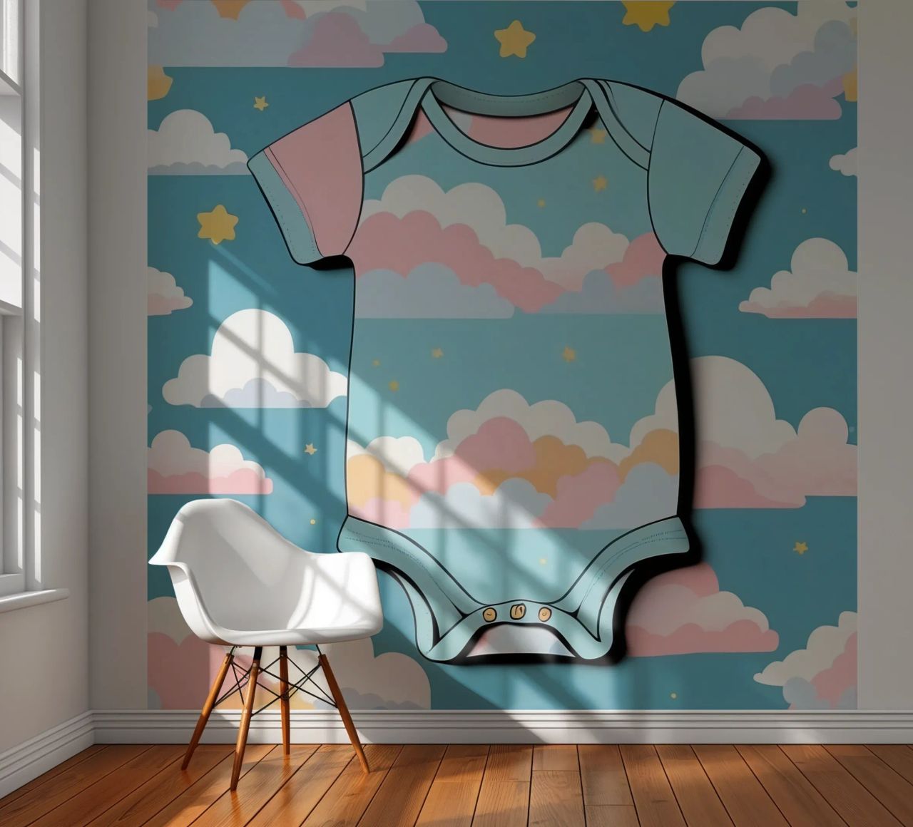 Grenouillère pour bébé avec motif de nuages en bleu, rose et jaune. papier peint photo de DesignDoodle