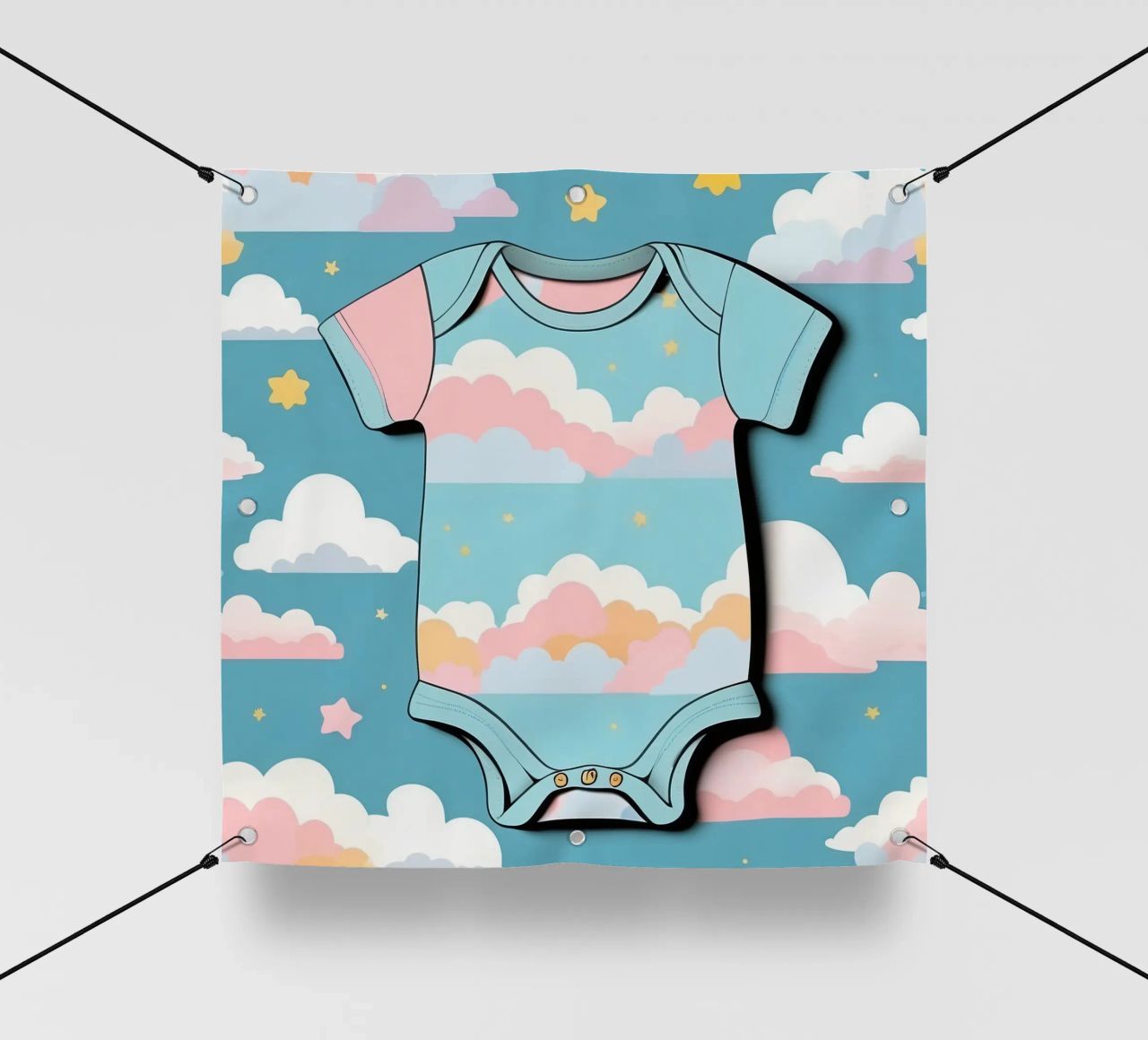Grenouillère pour bébé avec motif de nuages en bleu, rose et jaune. bâche pvc de DesignDoodle