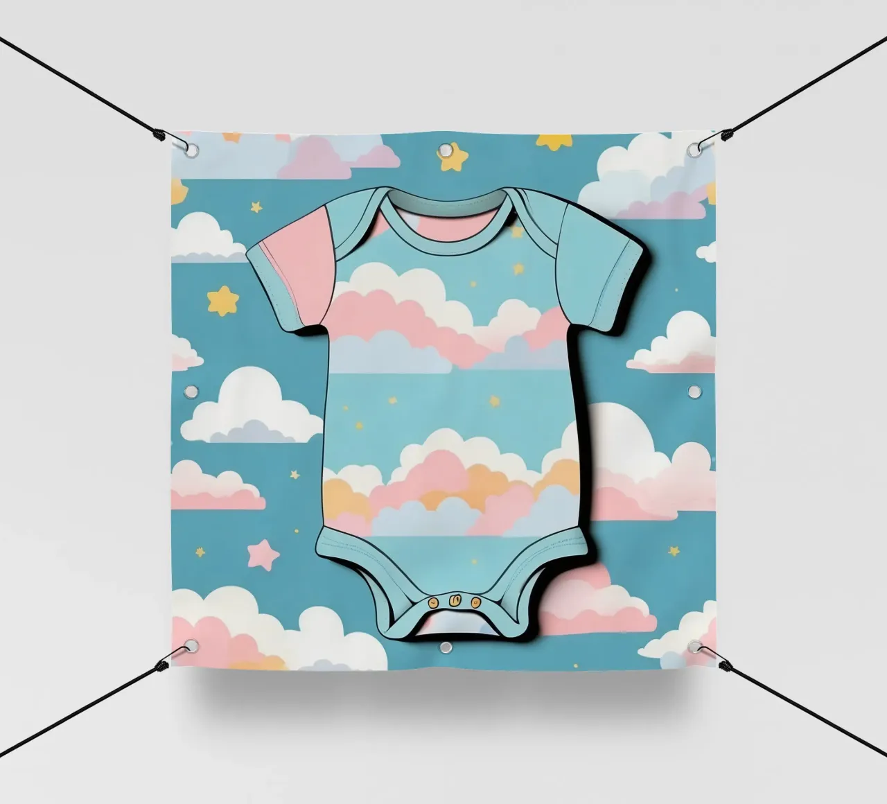 Tutina per neonato con motivo a nuvole nei colori blu, rosa e giallo ton. telo in pvc da DesignDoodle