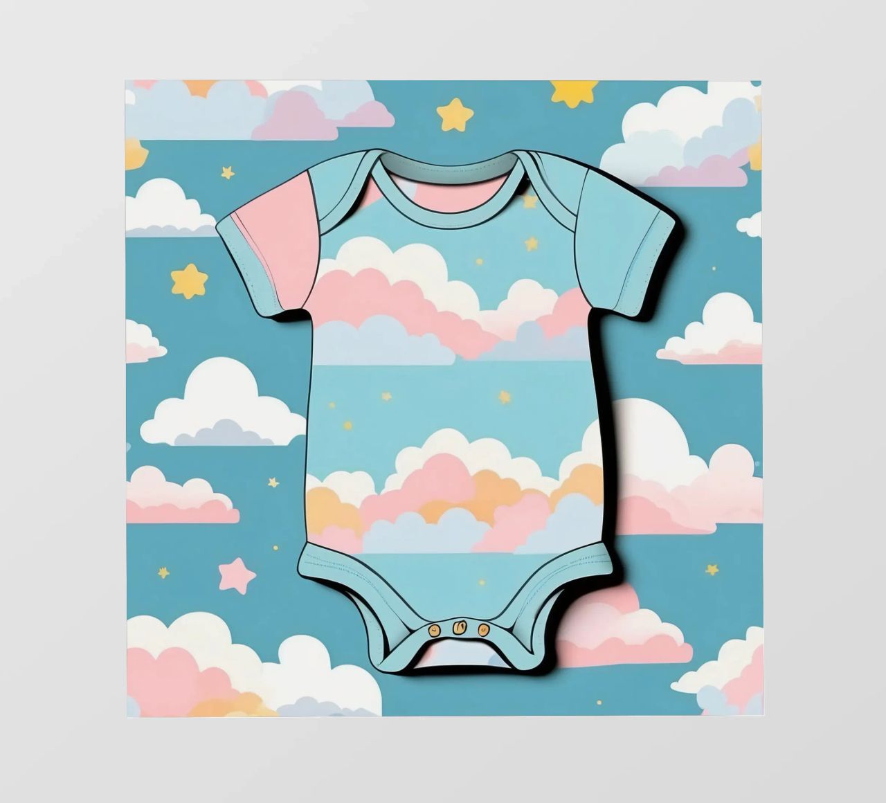 Grenouillère pour bébé avec motif de nuages en bleu, rose et jaune. bâche pvc de DesignDoodle