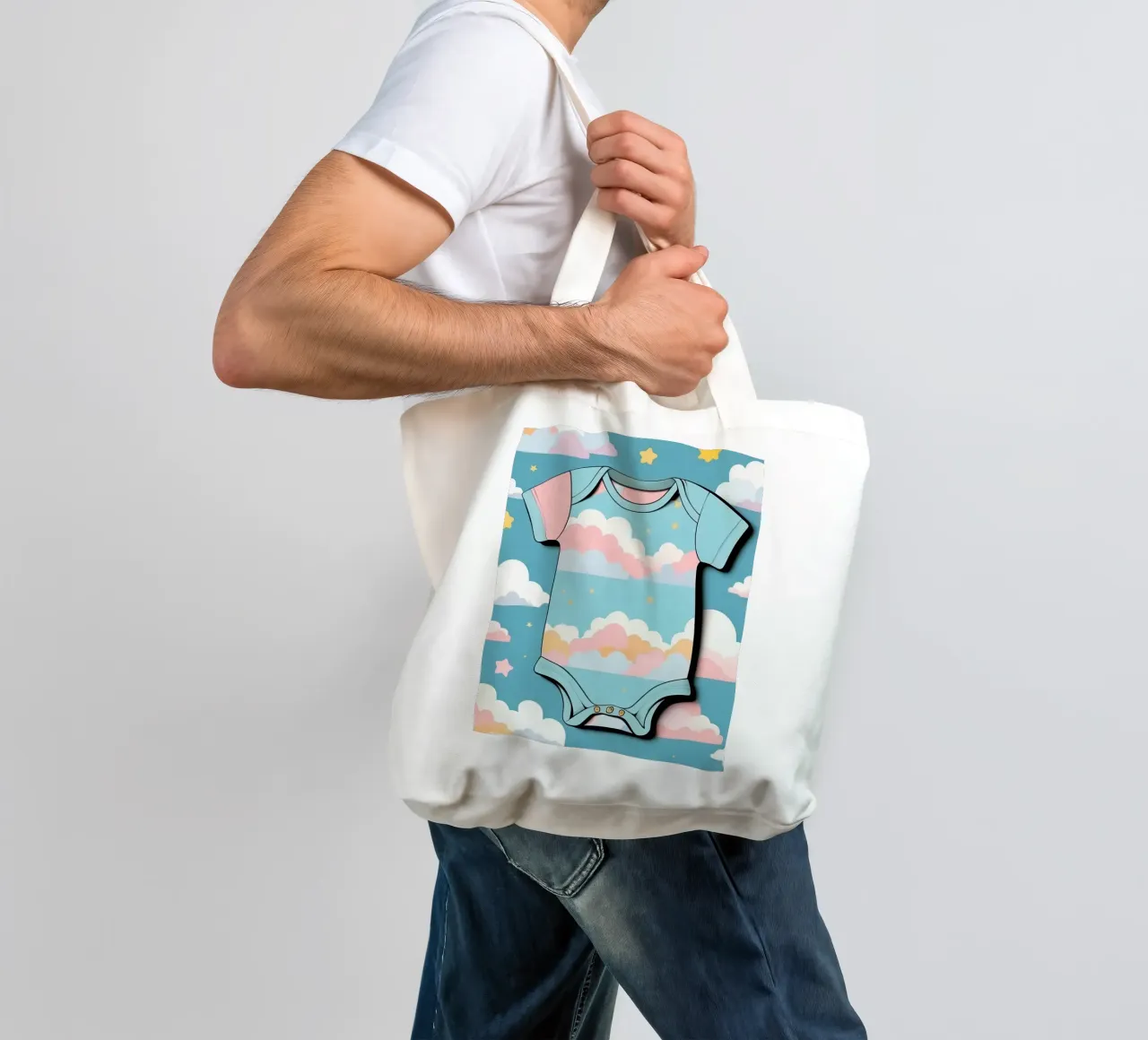 Tutina per neonato con motivo a nuvole nei colori blu, rosa e giallo ton. borsa in juta da DesignDoodle