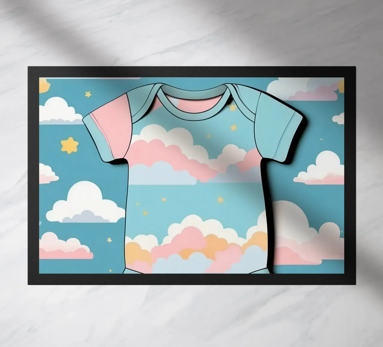 Tutina per neonato con motivo a nuvole nei colori blu, rosa e giallo ton. zerbino da DesignDoodle