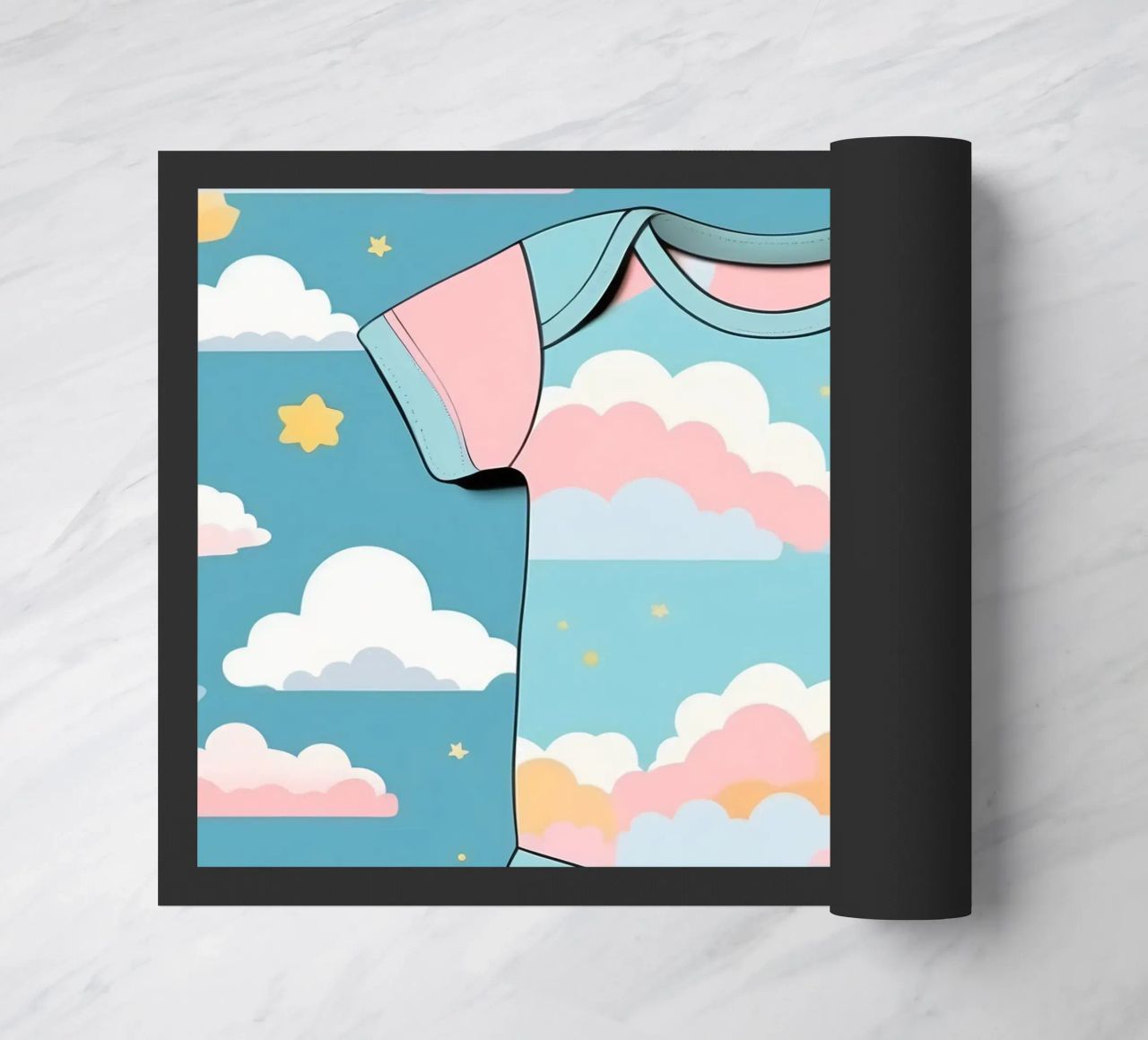 Grenouillère pour bébé avec motif de nuages en bleu, rose et jaune. paillasson de DesignDoodle