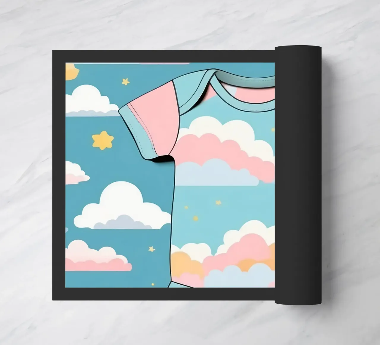Tutina per neonato con motivo a nuvole nei colori blu, rosa e giallo ton. zerbino da DesignDoodle