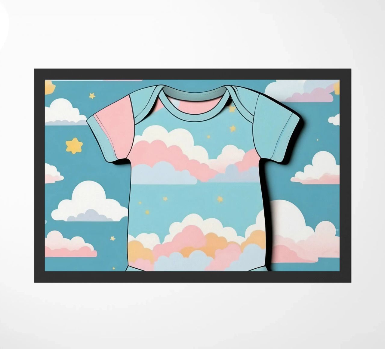 Grenouillère pour bébé avec motif de nuages en bleu, rose et jaune. paillasson de DesignDoodle