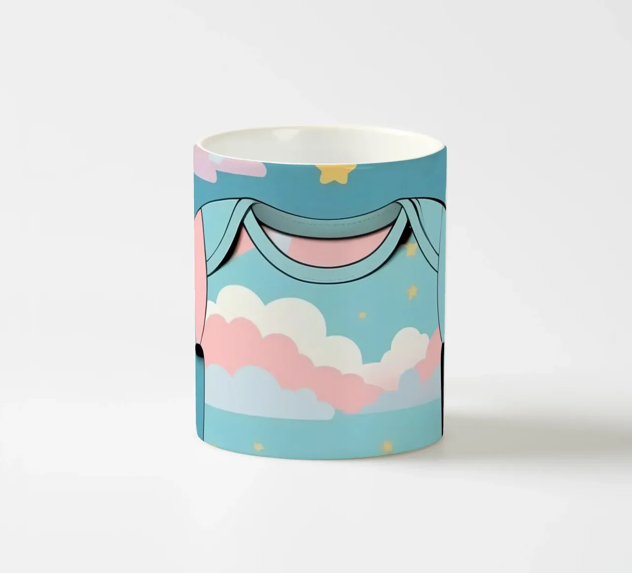 Tutina per neonato con motivo a nuvole nei colori blu, rosa e giallo ton. tazza in ceramica da DesignDoodle